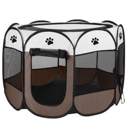 Portable Foldable Pet Playpen Exercise Pen Kennel Removable Zipper Top and Bottom Water Resistant Indoor Outdoor Use For Dogs Cats Other Pets (Color: Coffee)